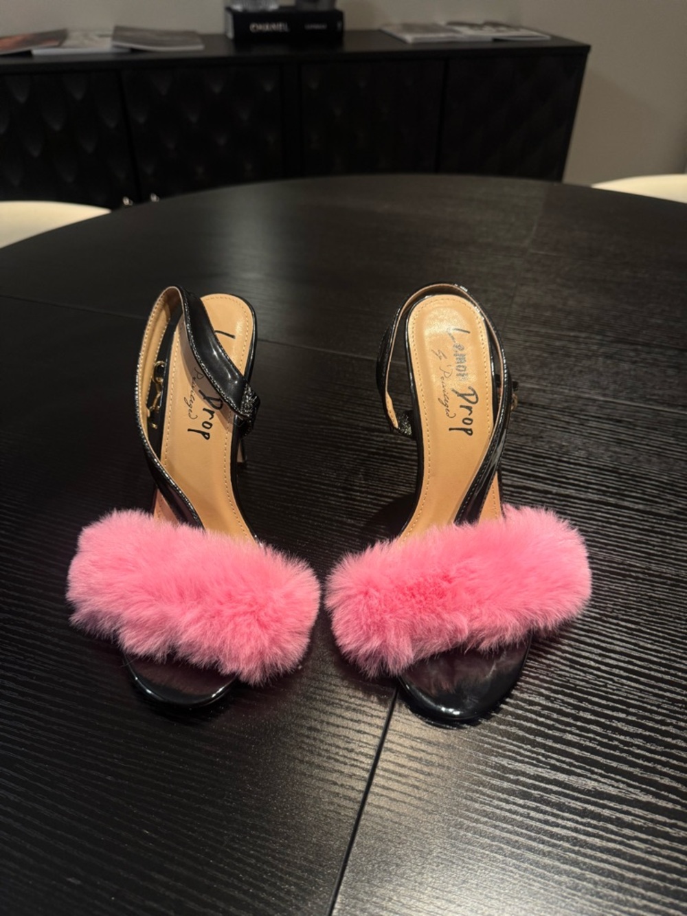 Dolls Kill Black Patent Slide Heels with Pink Fur- Never worn - Picture 2 of 4